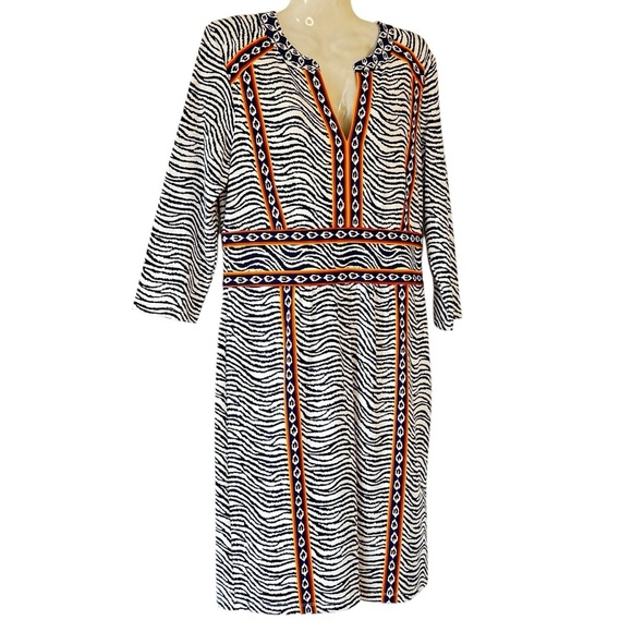 J. McLaughlin Lola Dress Catalina Cloth Navy White Orange Wavy Stripe Size Med - Picture 1 of 10